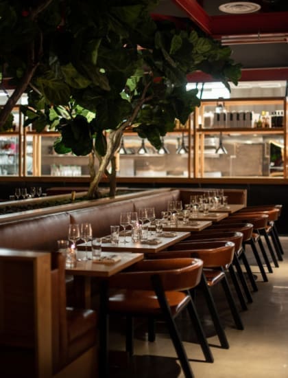 The best restaurants in LA | a view inside Grandmaster Recorders, where a large indoor tree reaches over a banquet sofa and five square tables, laid out with glasses and cutlery