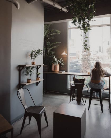 LA's best coffee shops | A girls sits on the stool in the window of The Boy and the Bear, looking out onto the street. Grey walls, grey metal furniture and plenty of greenery give an industrial-chic vibe.