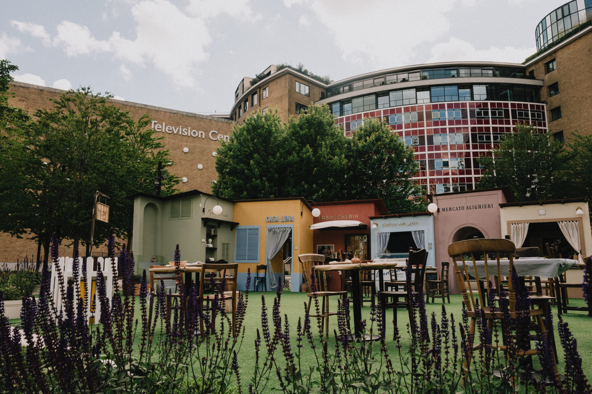 Things to do in London in June | Outdoor seating and pop-up buildings outside the Television Centre, reminiscent of Florence's architecture