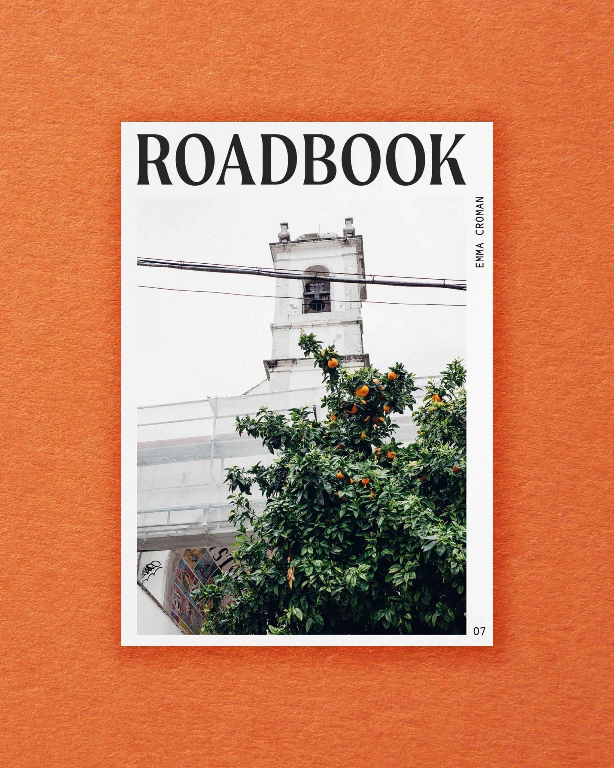 Postcards from ROADBOOK | An orange tree in front of a white church in front of a pale-grey sky by Emma Croman