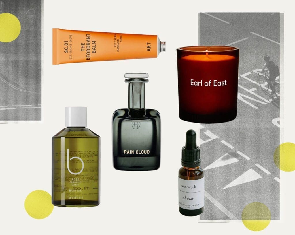 The best London skincare and fragrance brands | Lyn Harris Perfumer H glass bottle of perfume; Earl of East candle, essential oils and bath wash