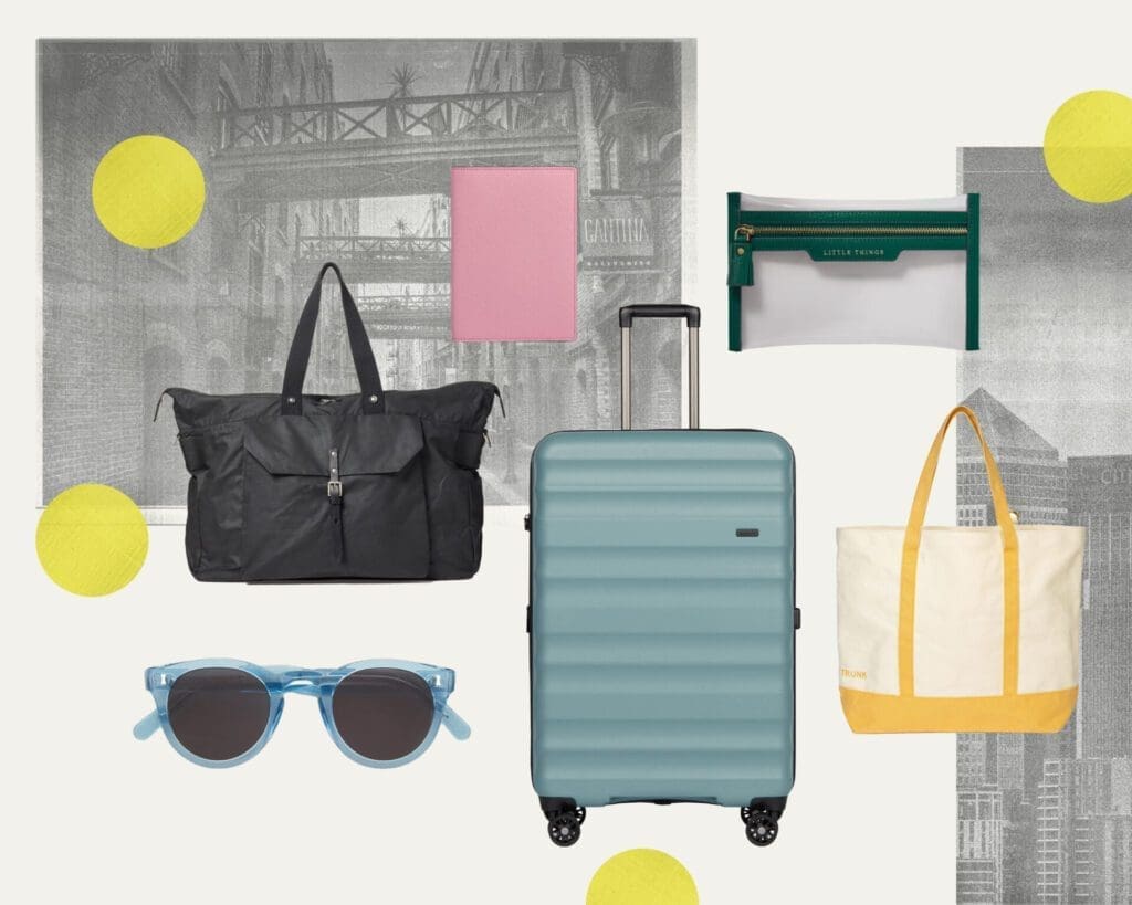 The best London-based British luggage labels | a suitcase by Antler, a pouch by Anya Hindmarch and a waxed cotton holdall by Ally Capellino