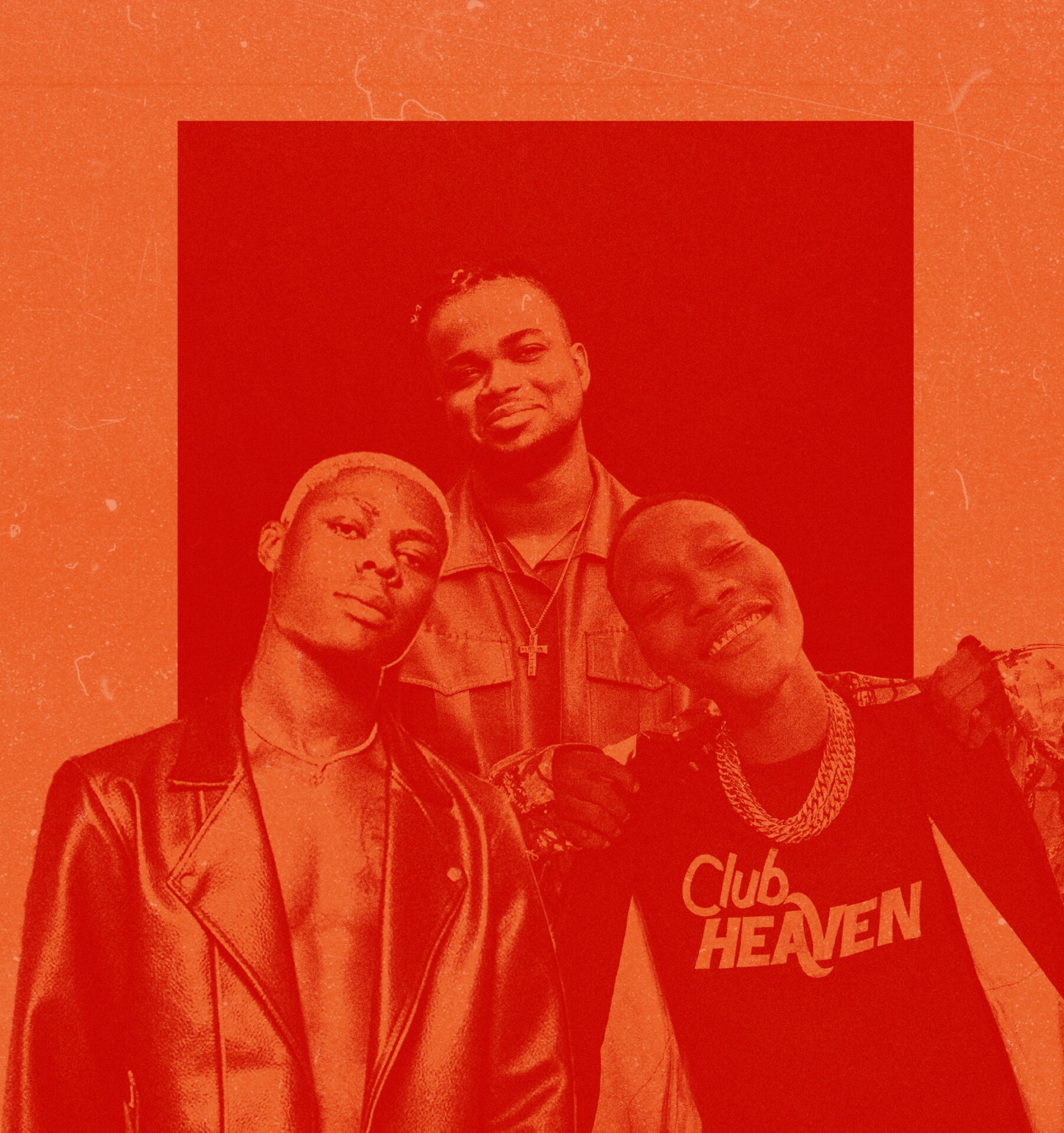 A red and orange graphic collage featuring Nigerian artists Mohbad, Rexxie and Zinoleesky