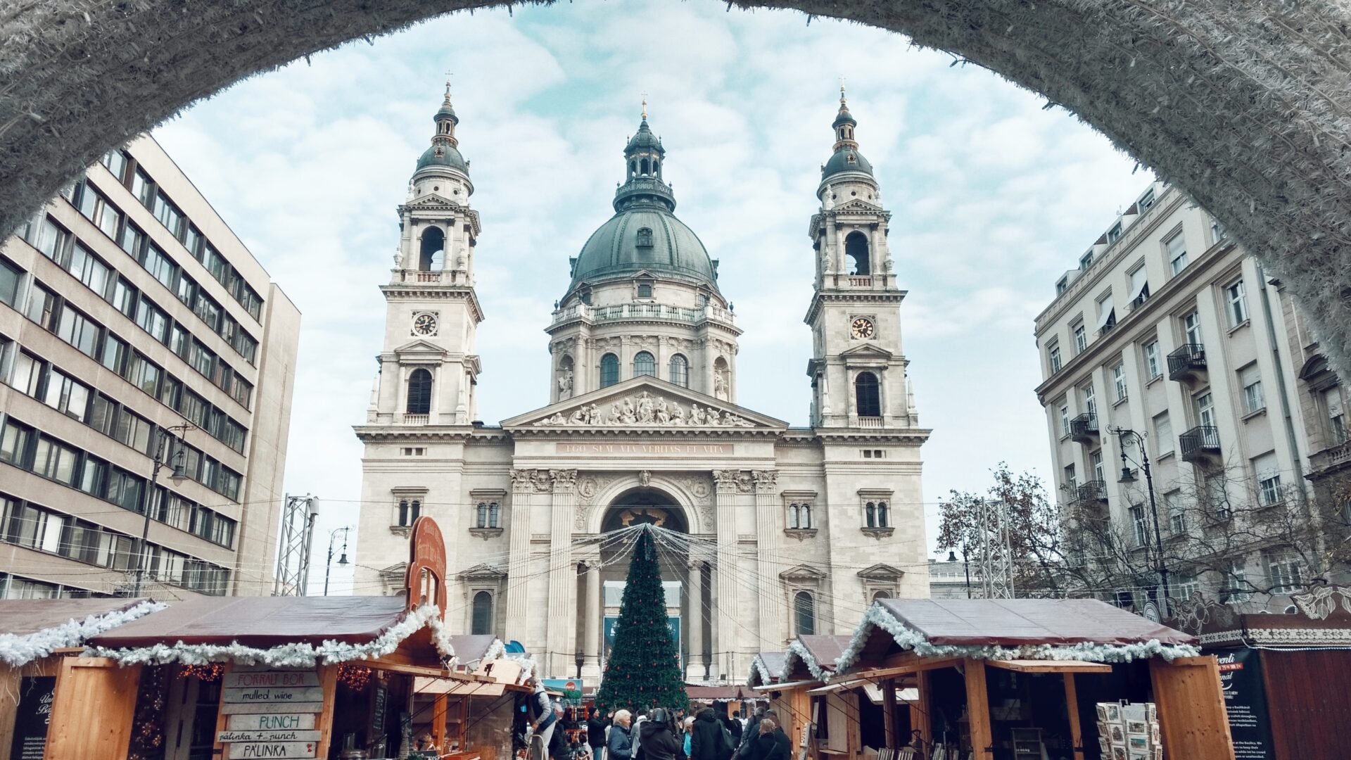 A historic domed building in Budapest at Christmas