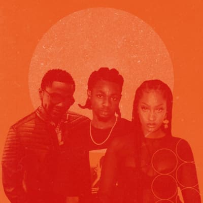 A red and orange graphic collage featuring Afropop superstars Kizz Daniel, Omah Lay & Tems