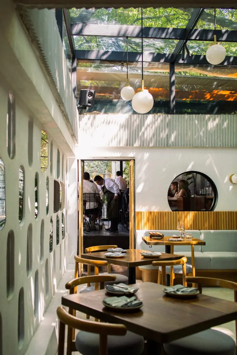 The interiors of Meroma in Mexico City, with a skylight overhead