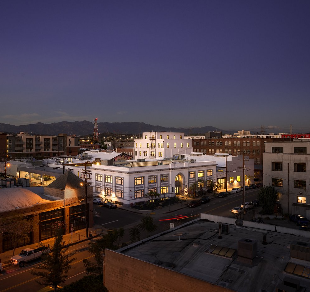 What to do in LA this month | The facade of Hauser & Wirth DTLA at night at a distance