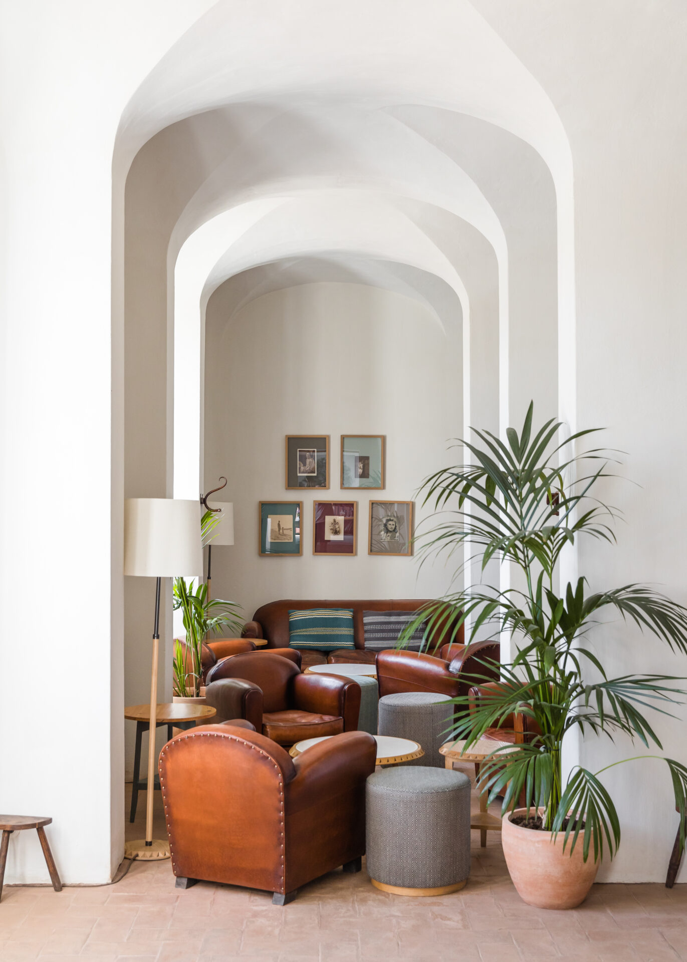 São Lourenço do Barrocal, Portgual | leather furniture and potted palm plants