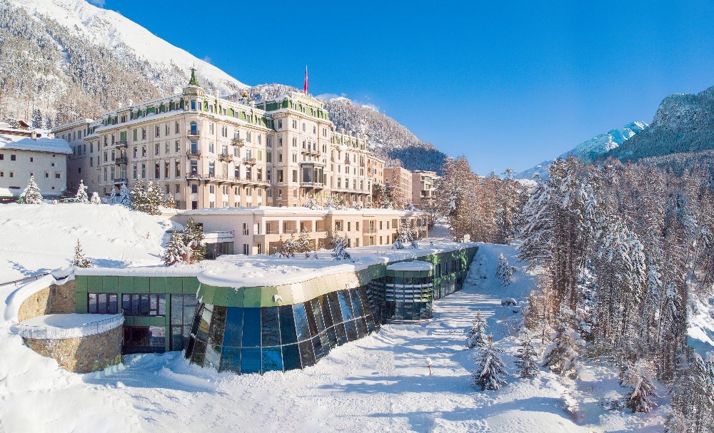 The snow-capped exterior of Grand Hotel Kronenhof, Switzerland