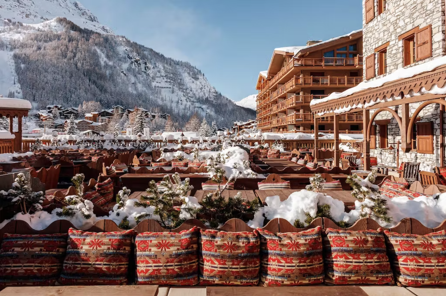 The sunlit terrace at Loulou's restaurant at Airelles Val d'Isère