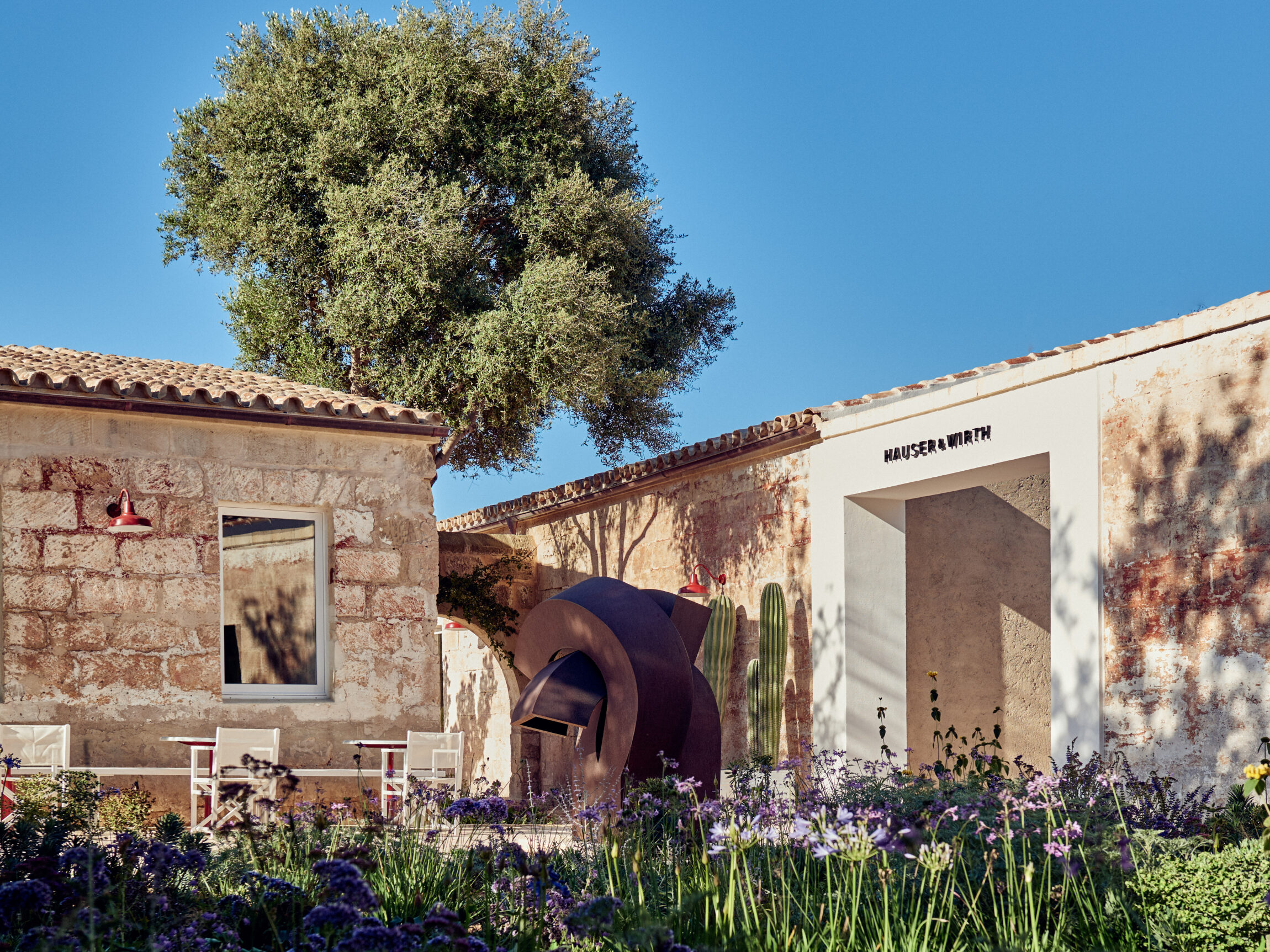 The courtyard of Hauser & Wirth Menorca on the Isla del Rey in the harbour of Mahon.