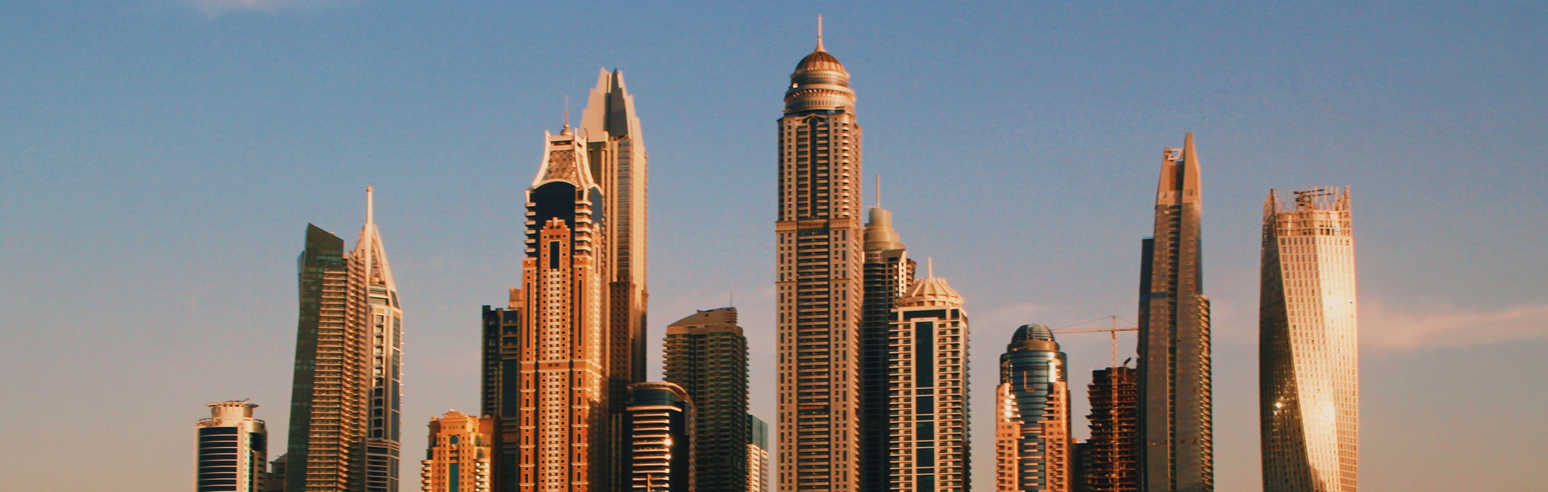 The dramatic skyscrapers of Dubai pictured at sunset