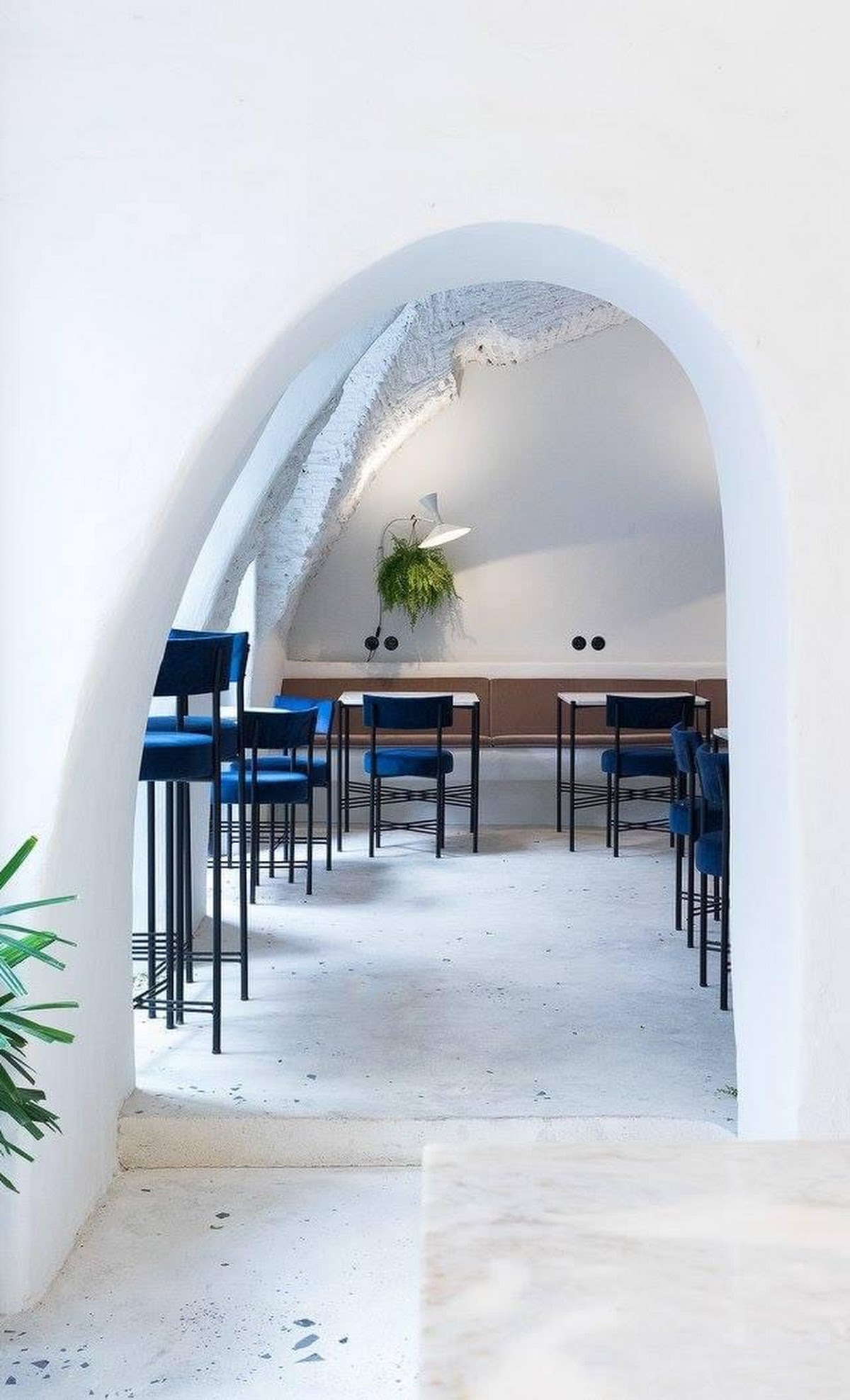 Inside Dear Breakfast cafe in Lisbon, a white arched ceiling reaches over tables and chairs and pot plants.