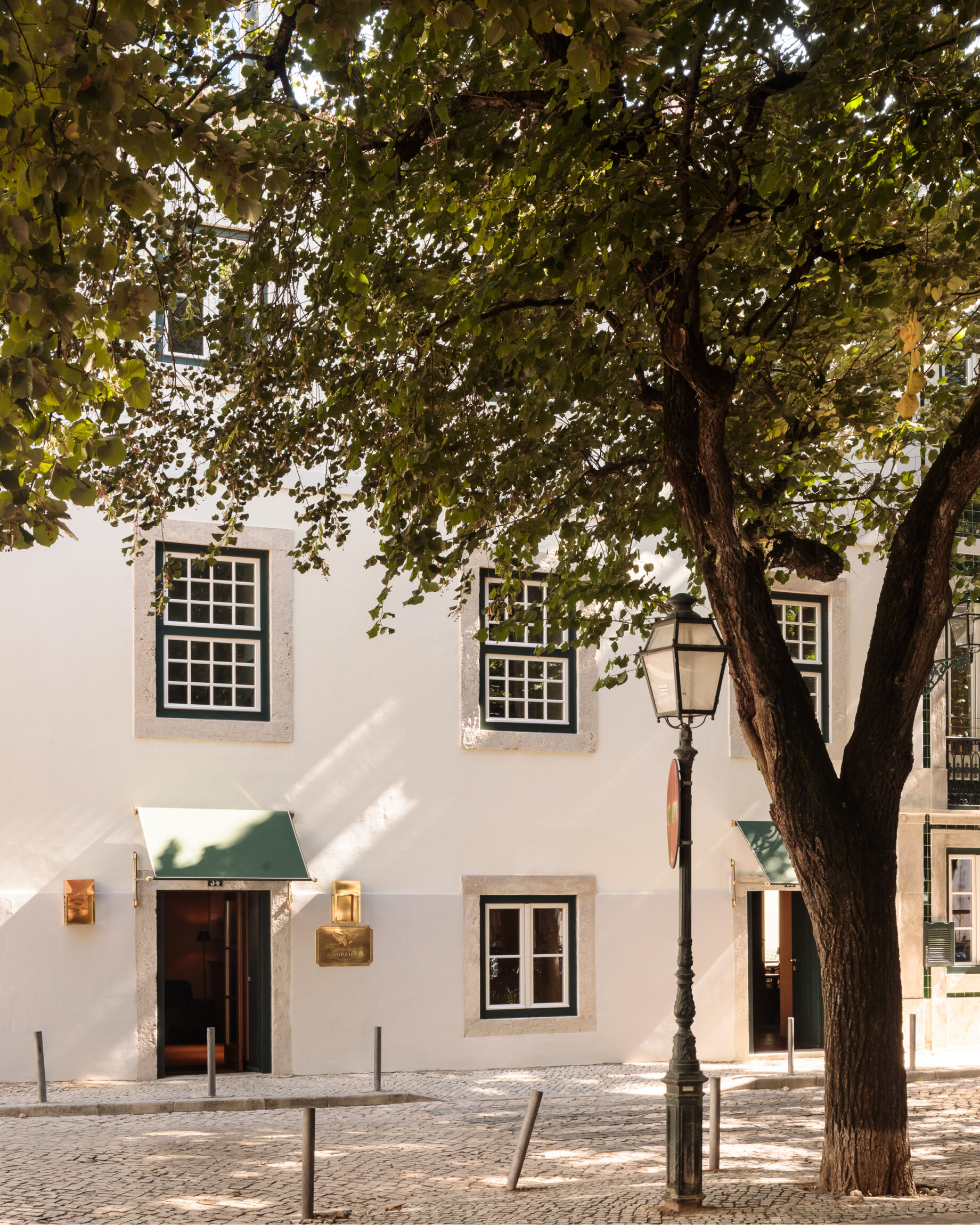 The tree-shaded facade of Hotel das Amoreiras in Lisbon