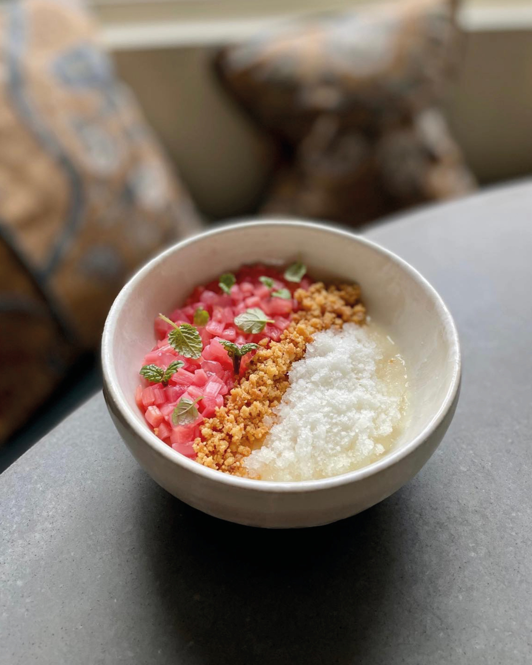 A spring dessert of set Wraysholme yoghurt, Yorkshire rhubarb, and elderflower at Rogan & Co.