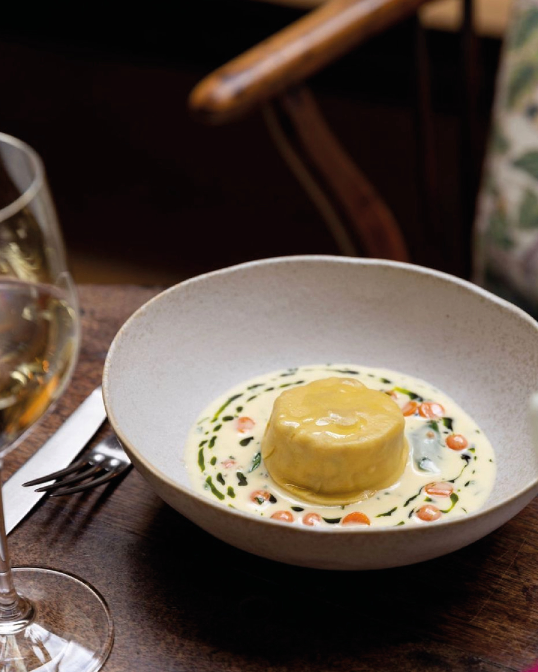 Raviolo of confit rabbit with mustard cream and carrot at The Wild Rabbit.