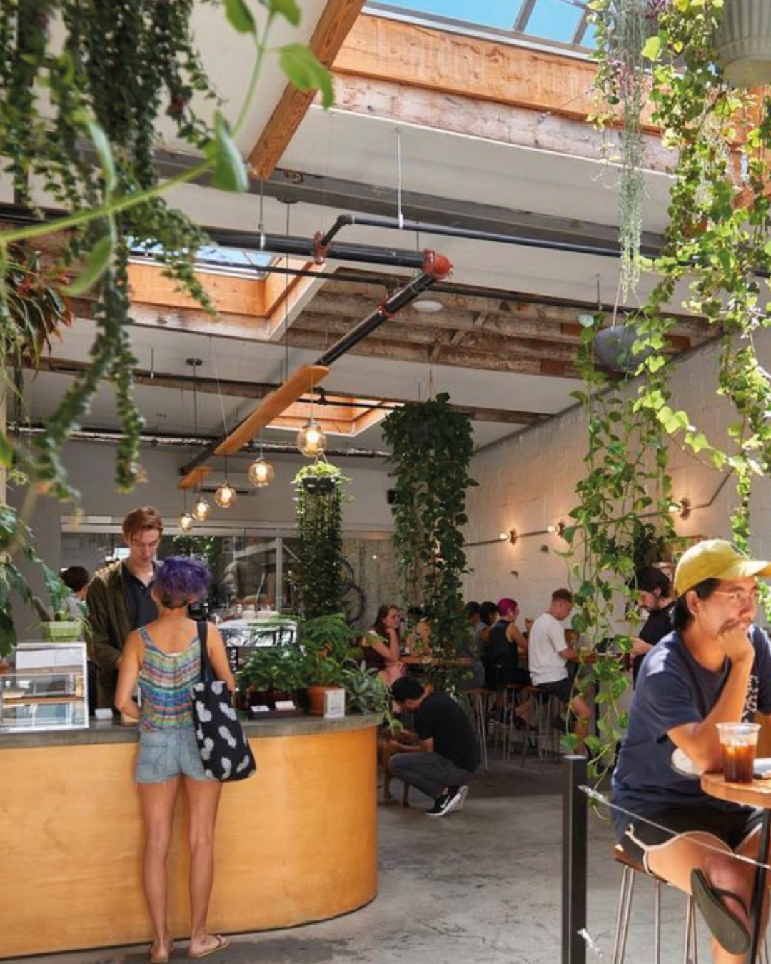 A plant and light filled atrium inside Sey Coffee in New York.