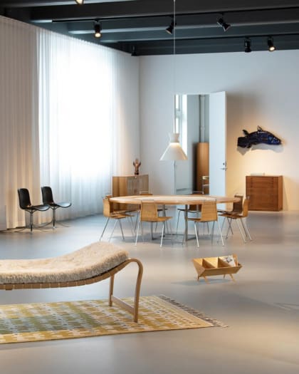 Mid-century pieces by Bruno Mathsson, Ann-Mari Forsberg, Poul Kjærholm, Mogens Koch, Jeanne Grut and Svenn Eske Kristensen, on show at Dansk Møbelkunst Gallery