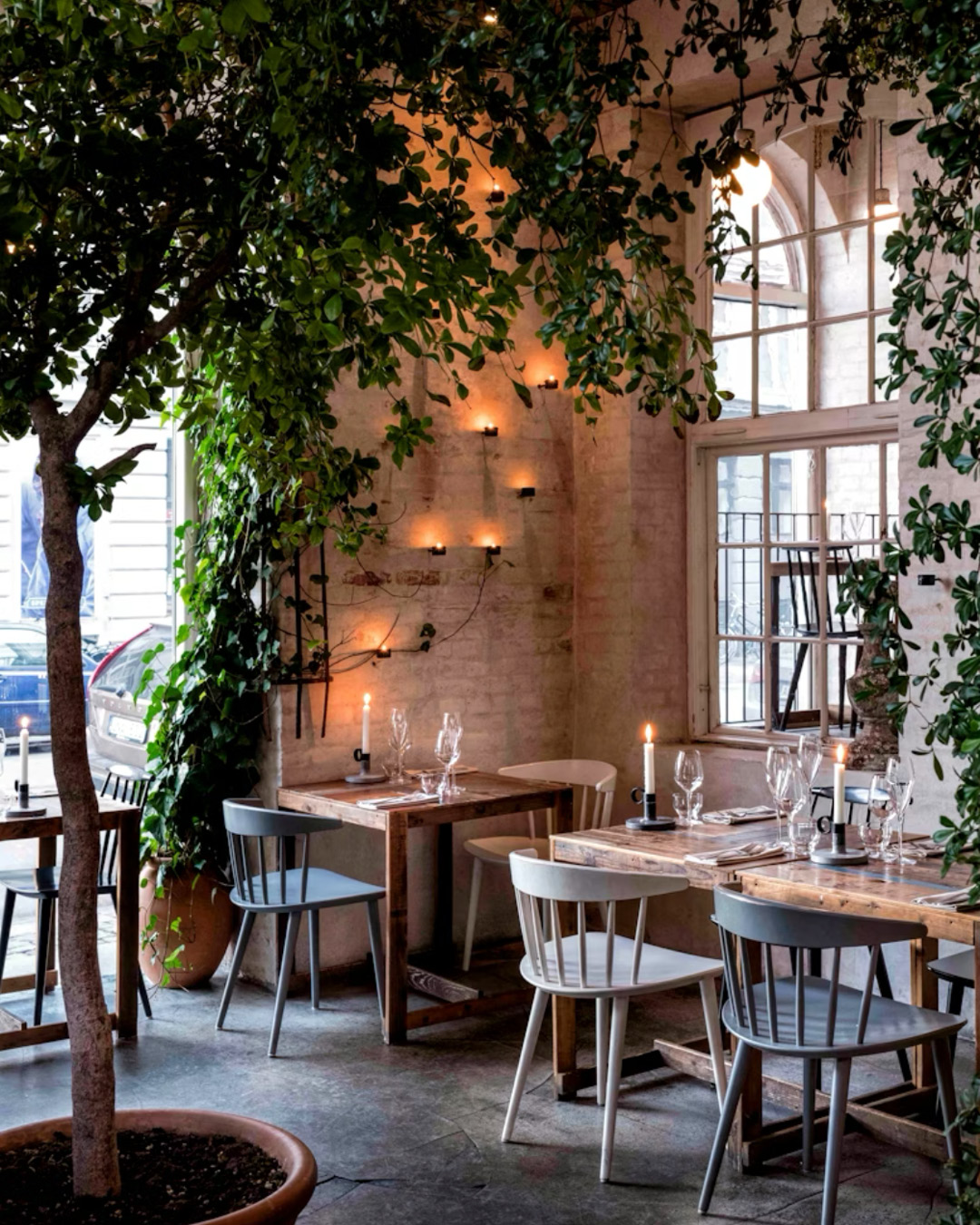 Inside the Nord Architects-designed Høst. Wooden tables and chairs are arranged against white brick walls and under big indoor trees.