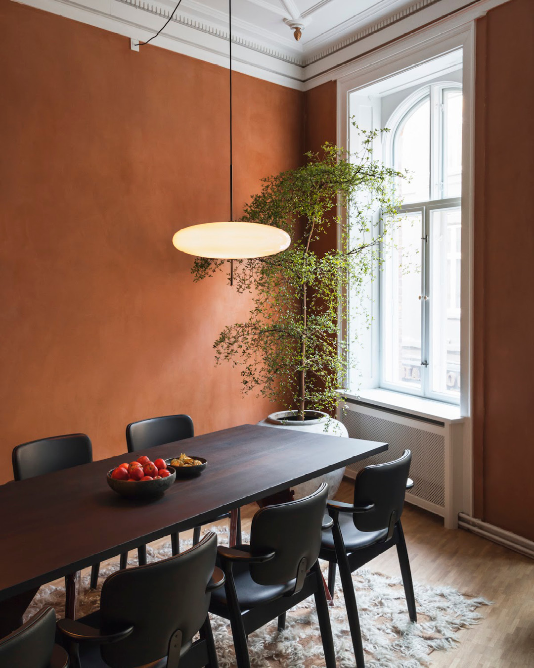 Terracotta walls, a pot plant and a long black table with black chairs against it in a meeting room at SOHO co-working office in Copenhagen.