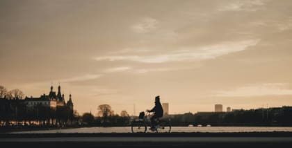 Cycling across Queen Louise's Bridge in Copenhagen.