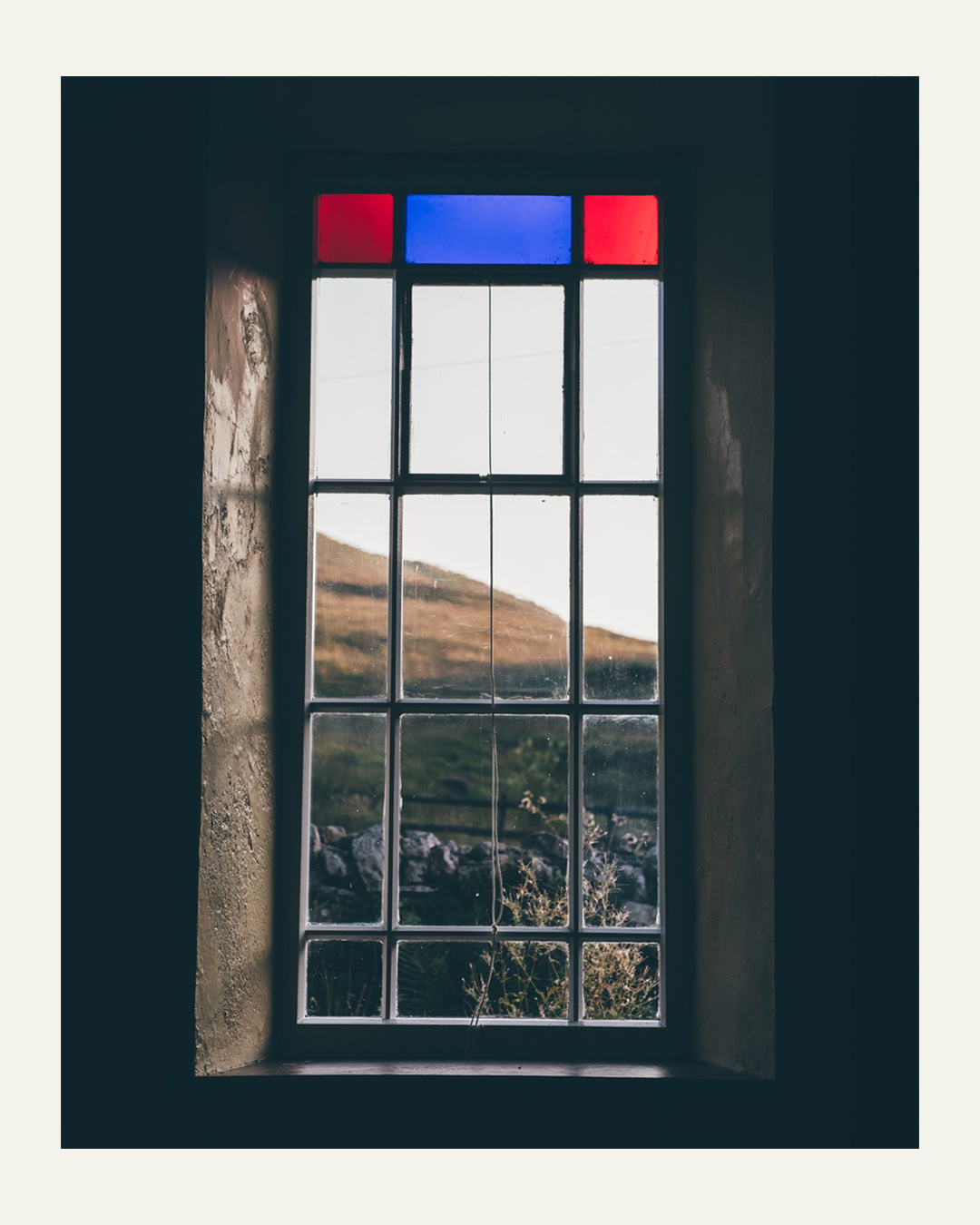 A stained glass window in Soar-y-Mynydd Chapel in the Cambrian Mountains in Wales