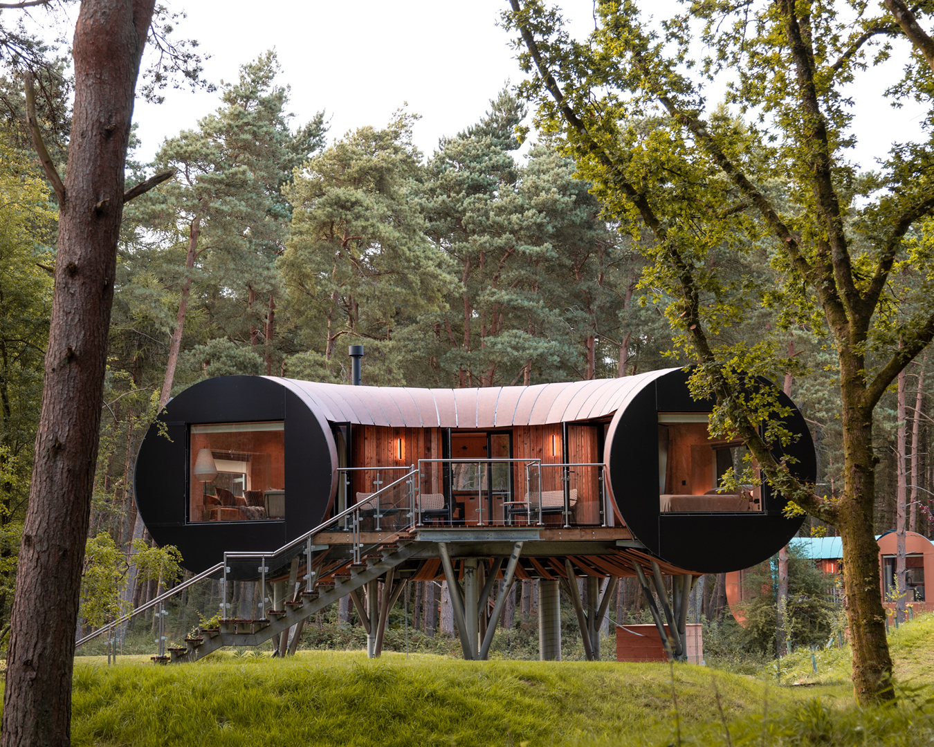 Contemporary forms and materials make up TreeDwellers' treehouses in Chipping Norton, Oxfordshire.