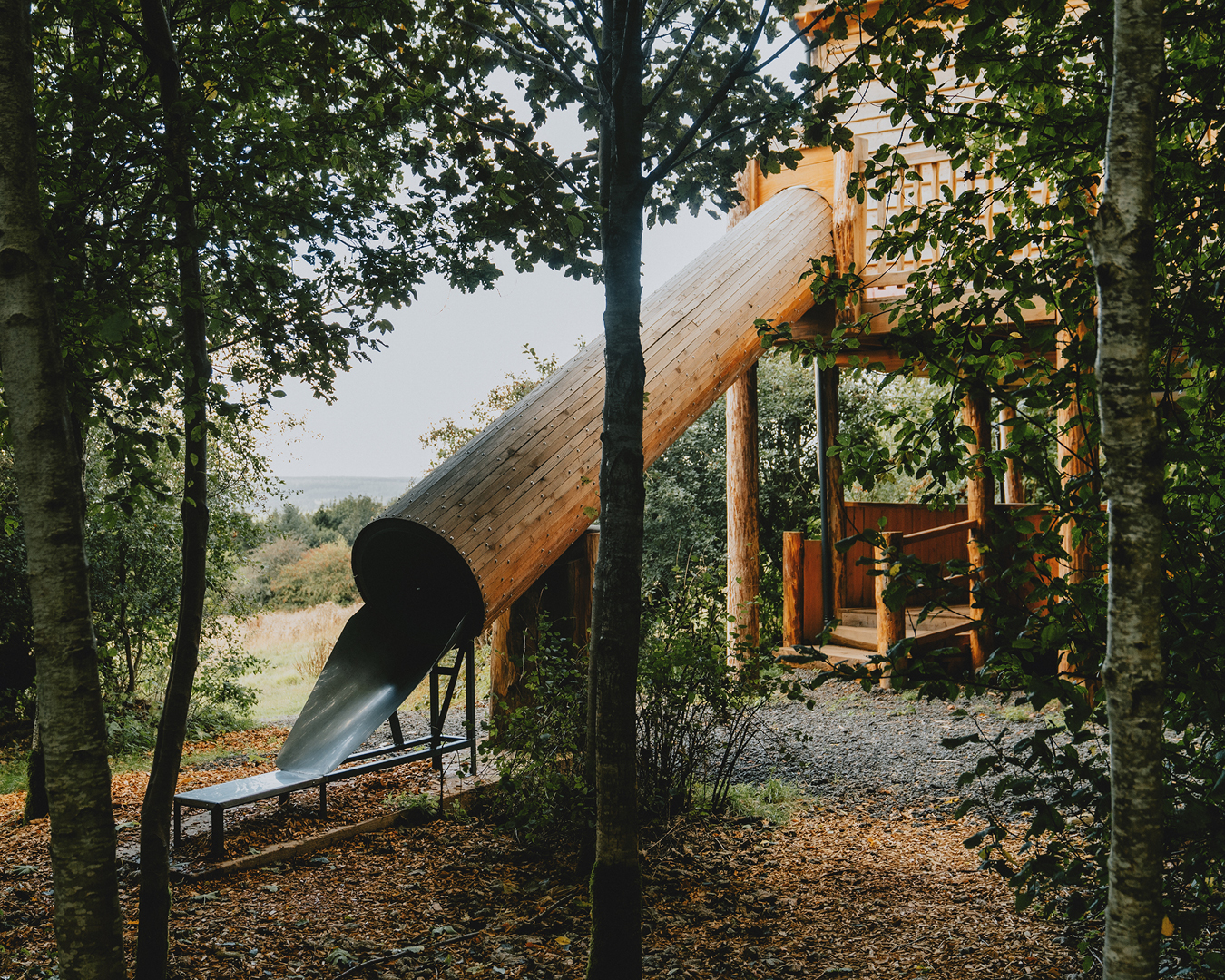 Exit Silva Treehouse in the Lake District by its slide.