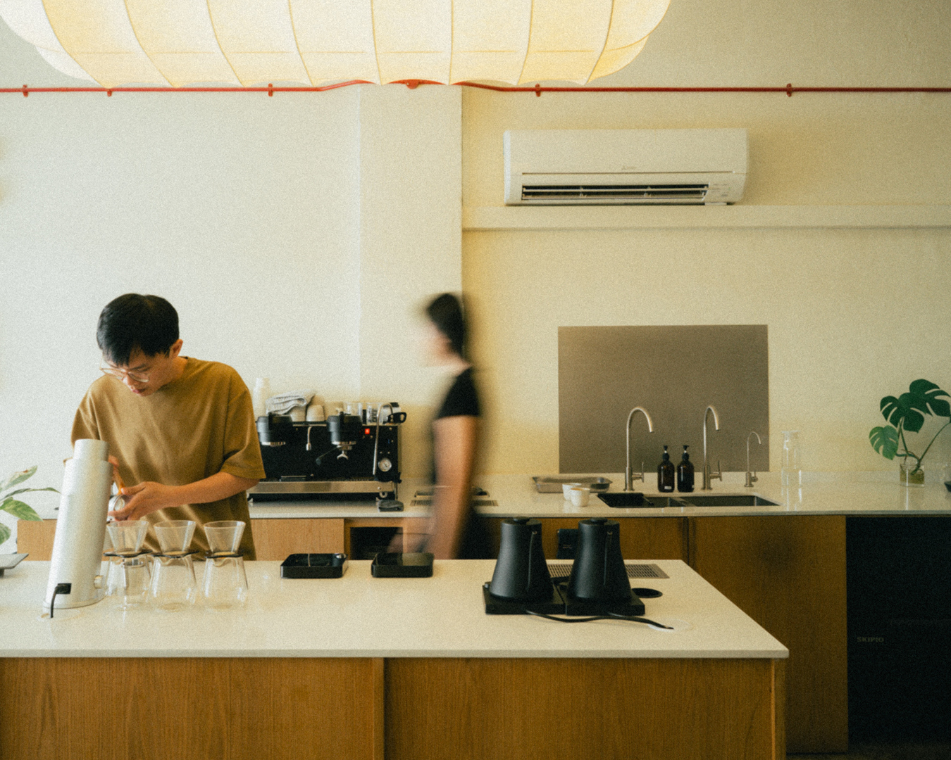 Marble counters at Fluid coffee shop in Singapore.