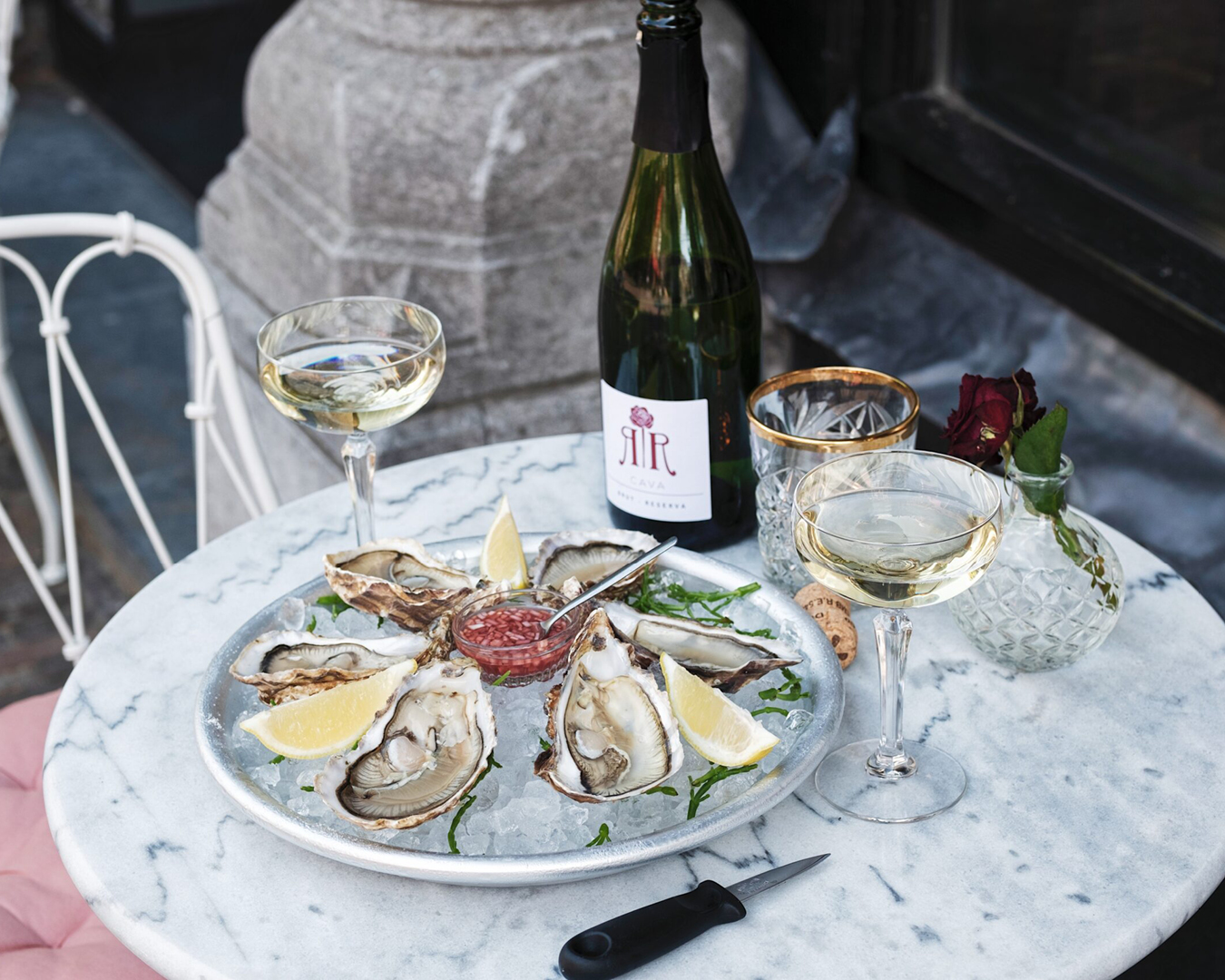 Oysters and cava al fresco outside Ruby Rose, Utrecht.