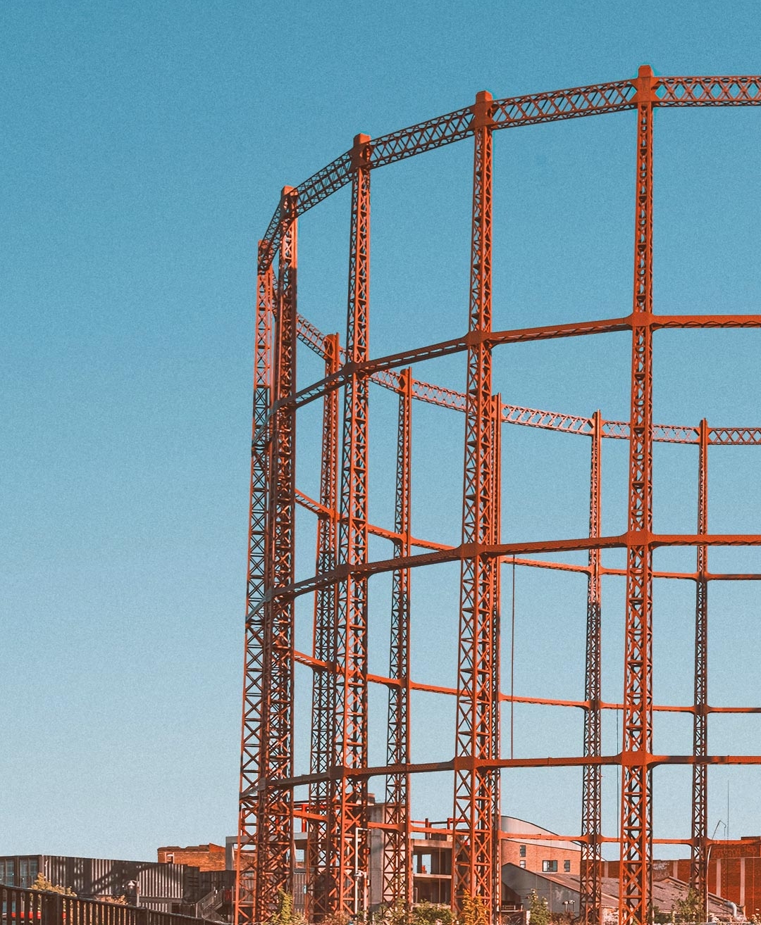 A red gasholder on London's Regent's Canal.