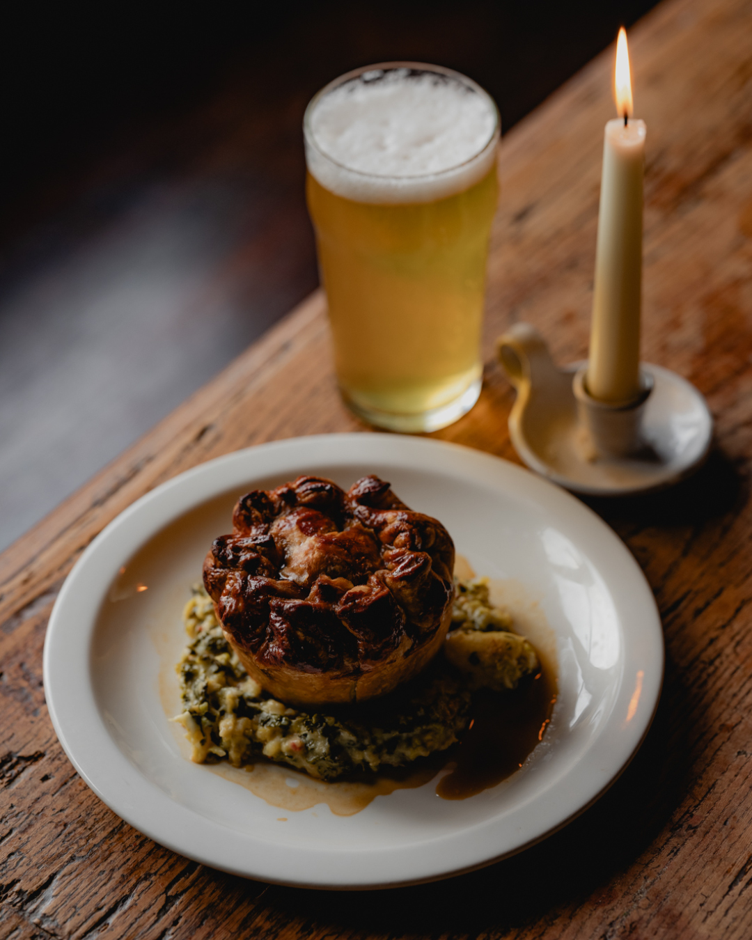 Traditional pie, mash and a pint of beer at The Bull, Charlbury