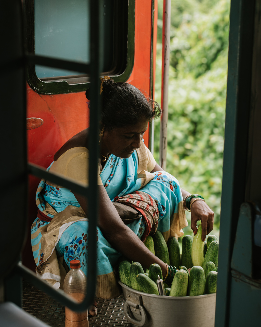 Passengers with fresh produce on board the train