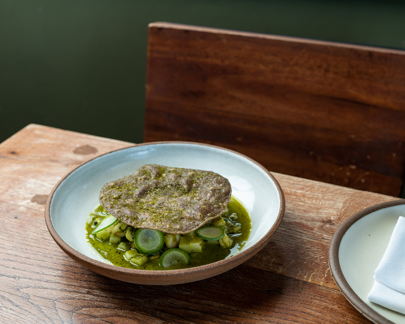 Pozole verde and trout at Rustic Canyon, Santa Monica