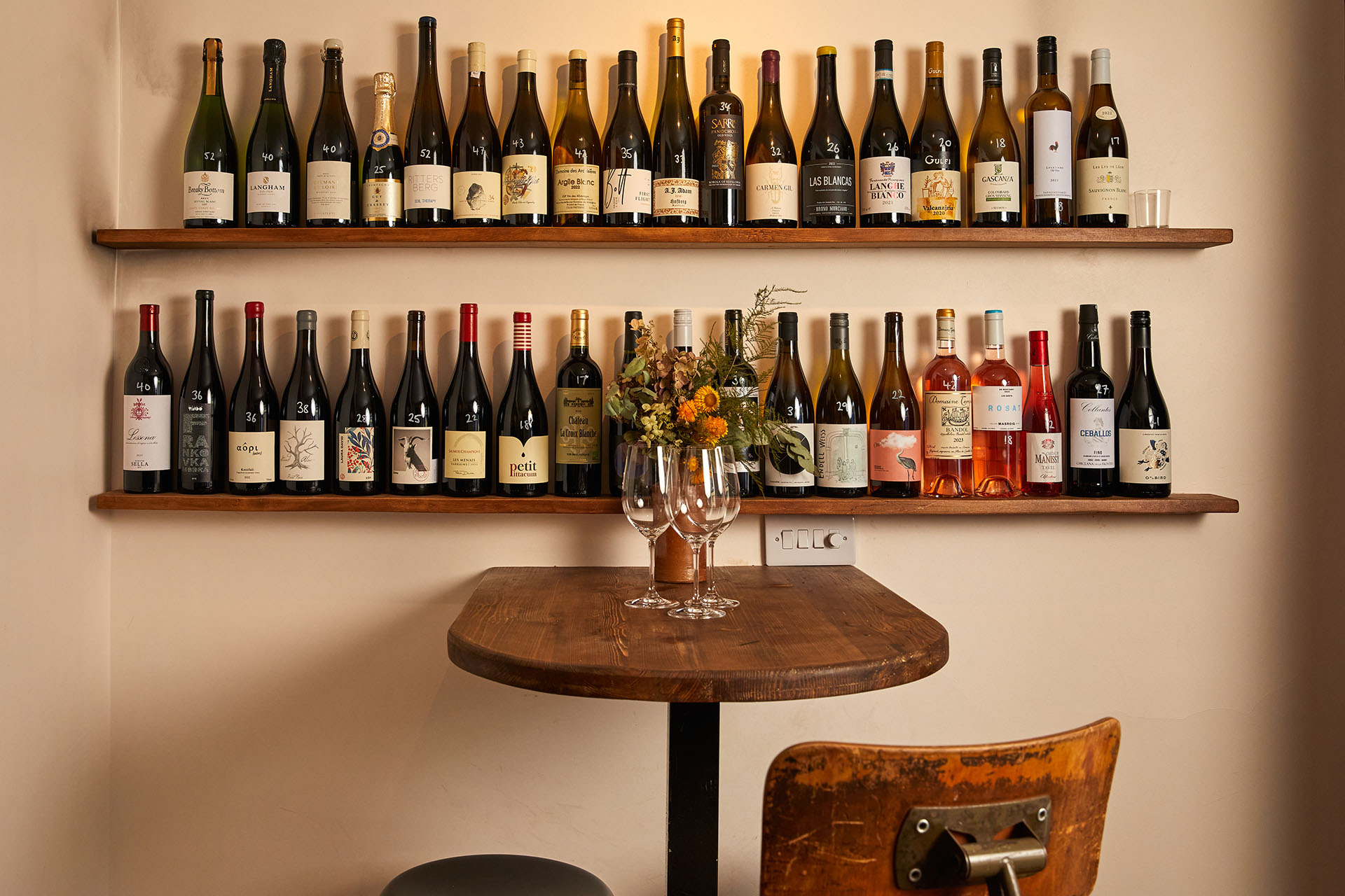 Bottles on a shelf at Lower wine bar in Waterloo, London