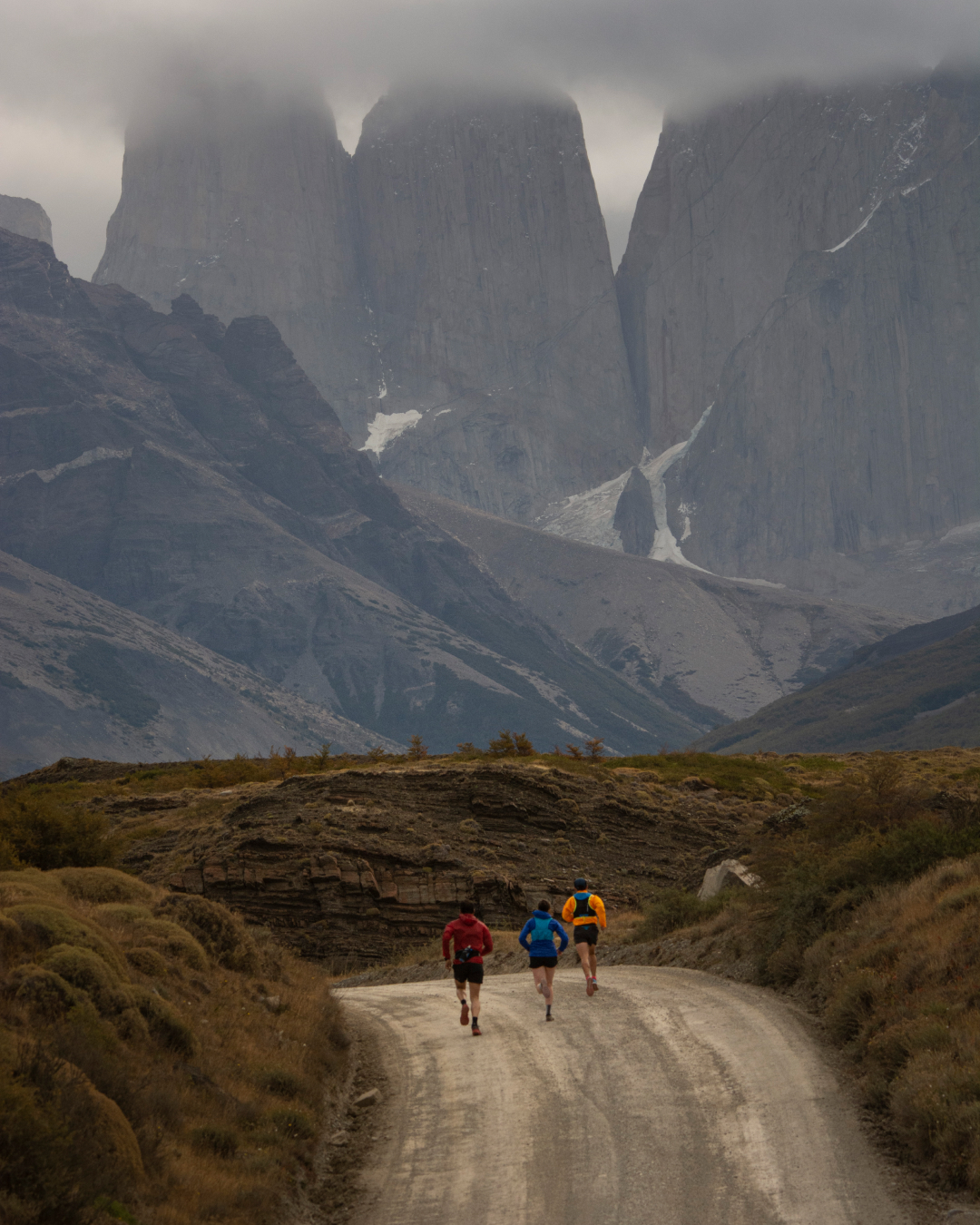 Runners racing towards Torres del Paine in the Patagonia Marathon. Photo by Patricia Ainol