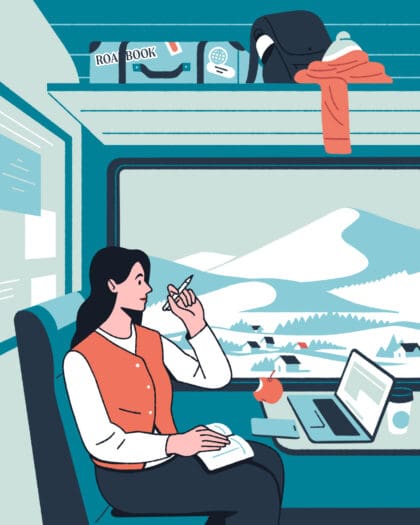 Illustration of girl on train with laptop and mountain views