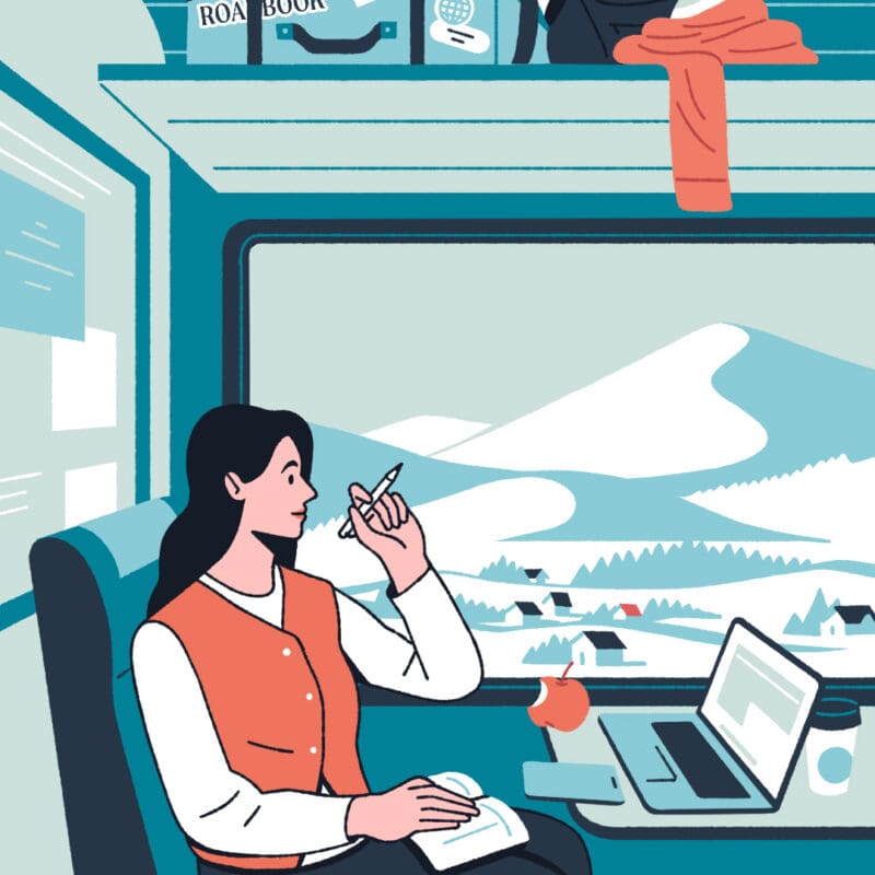 Illustration of girl on train with laptop and mountain views