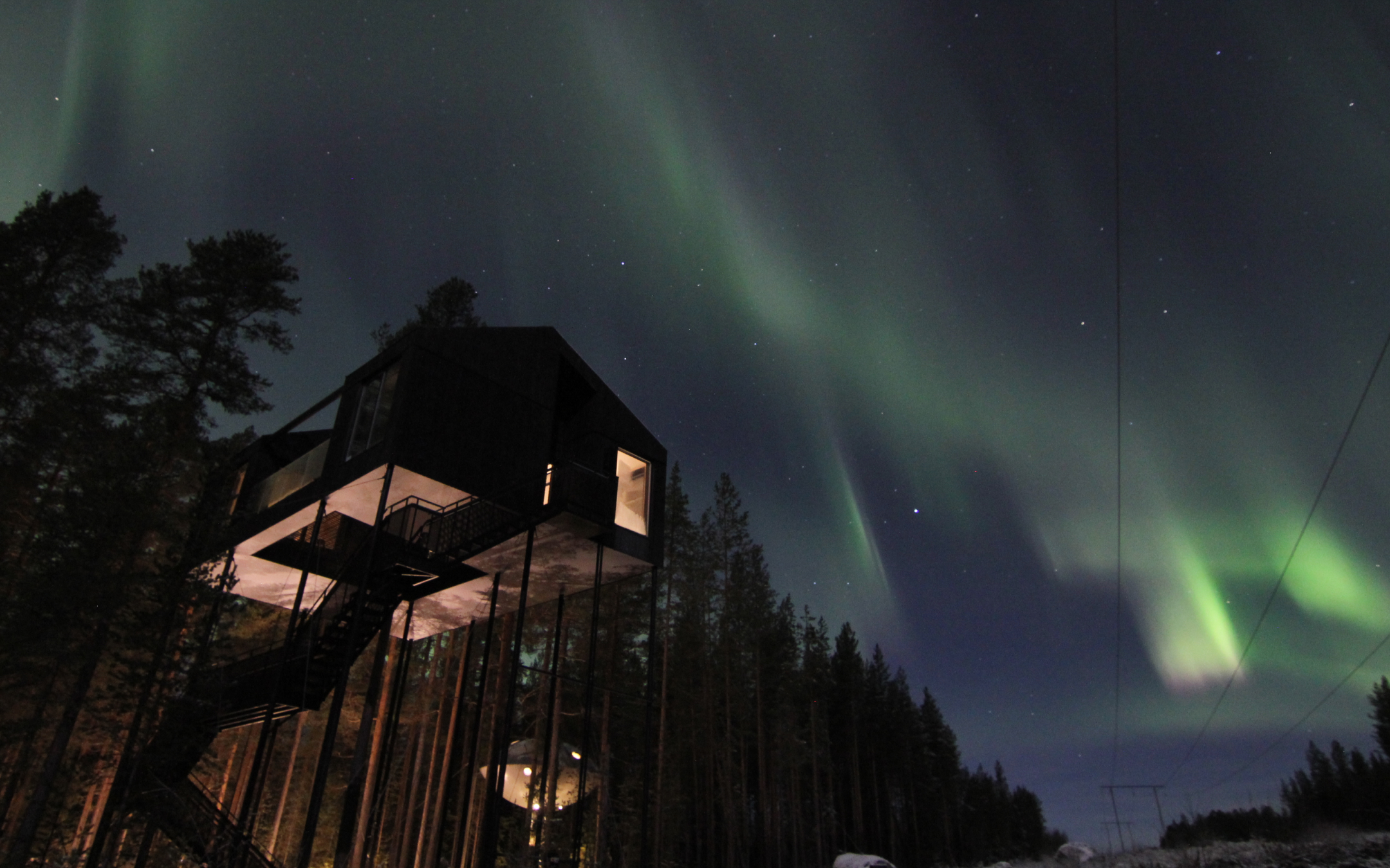 The Northern Lights pictured from 7th Room at Treehotel in Sweden